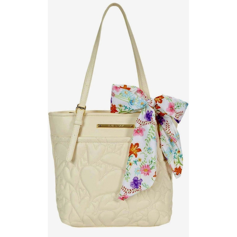 Betsey Johnson Cream Quilted Heart Shoulder Bag with Scarf Zip Closure